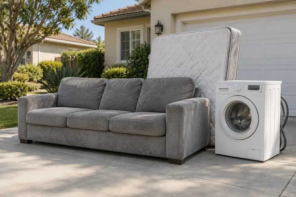 Sofa, mattress and washing machine grouped on a driveway