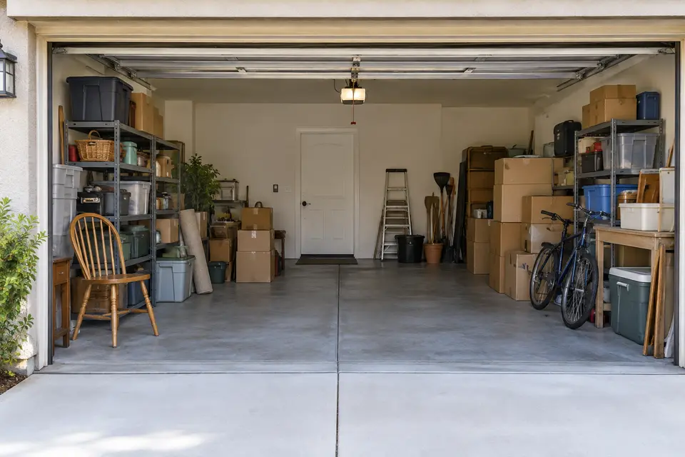 Household items and boxes in a garage with a clear aisle